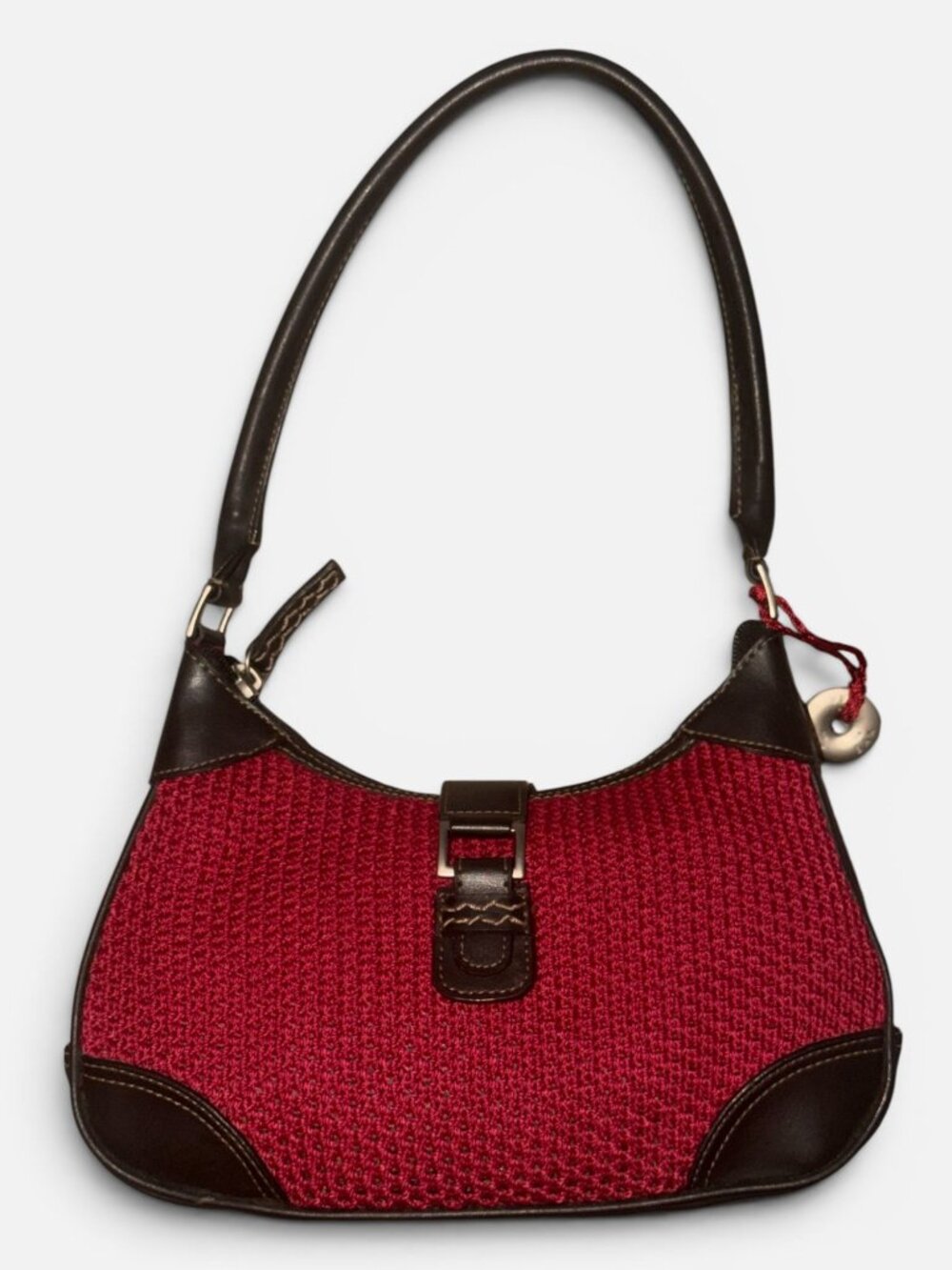 VTG The Sak Small Hobo Red Tightweave Crochet Brown Trim Shoulder Bag Y2K Charm - Picture 3 of 8